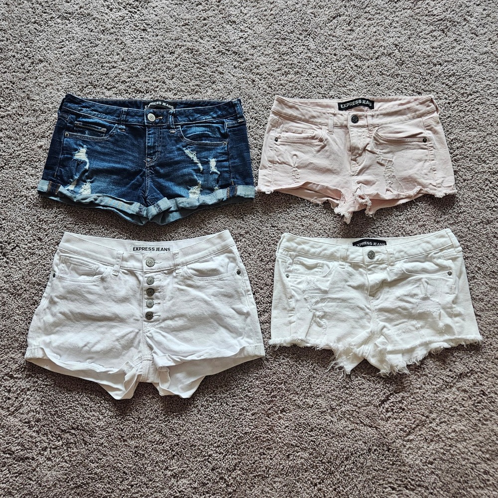 Express Denim Shorts Women 4 White Blue Pink Distressed Cutoff Button Fly Bundle